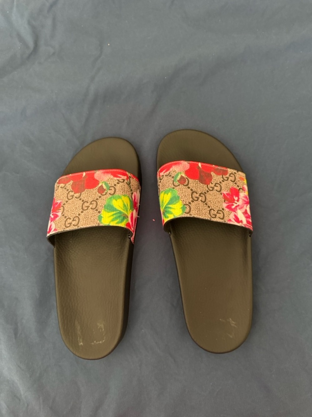 Designer Monogram Floral Slide Sandals in Black, Pink & Green